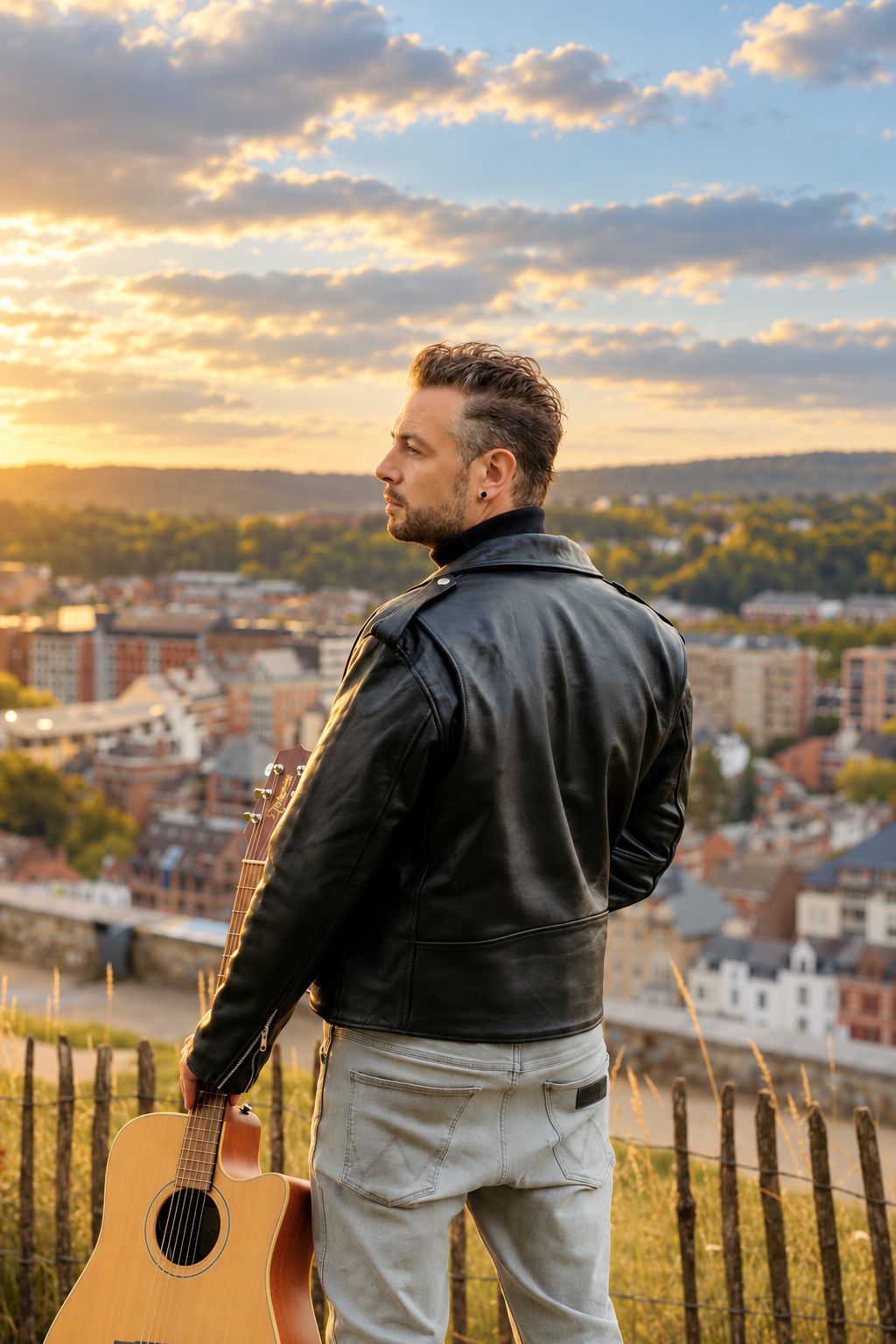Mathieu Pignon, veste en cuir et guitare à la main, face à la ville au coucher du soleil